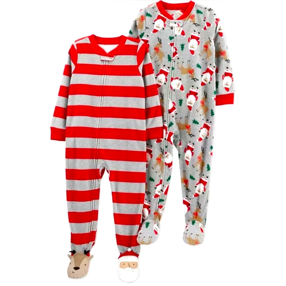 Carter's Set of 2 Striped Santa Fleece Footed Pajamas, Holiday Christmas.New!